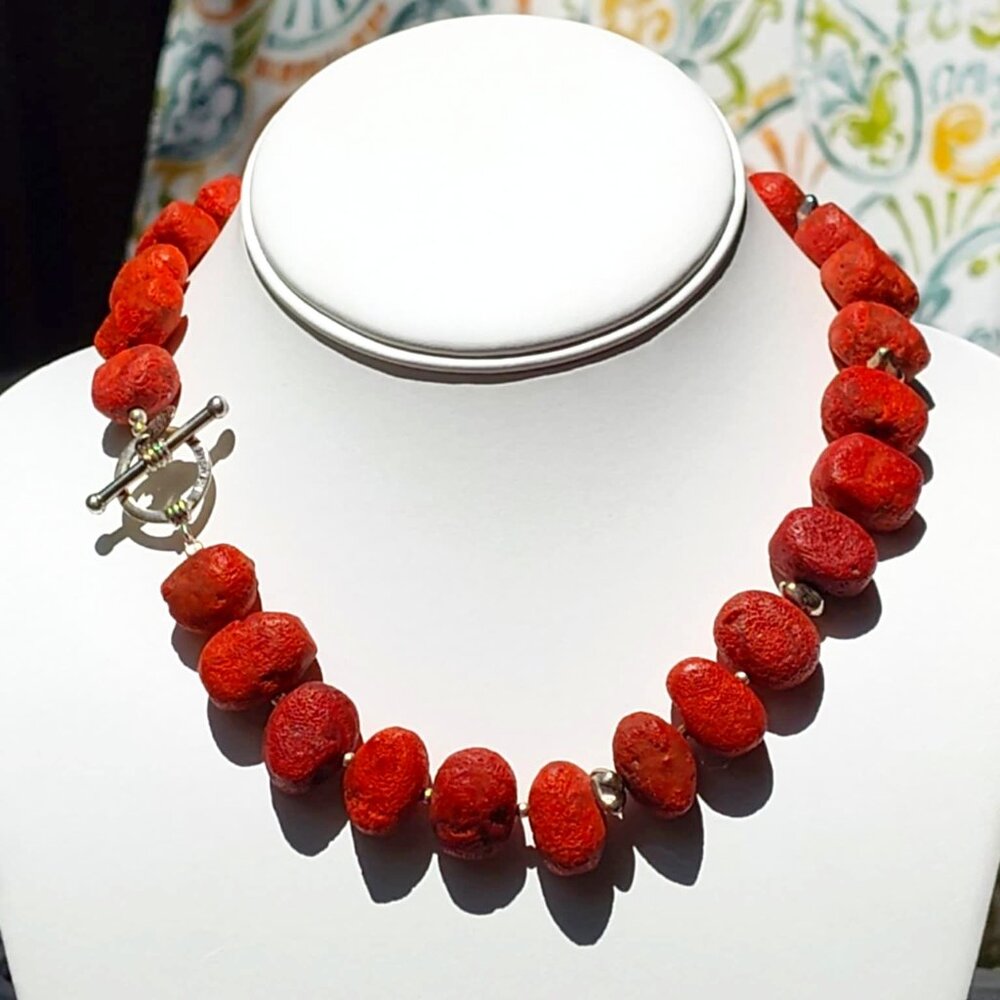 A.S.‎ Israel 16" red, sponge coral & .925 sterling necklace